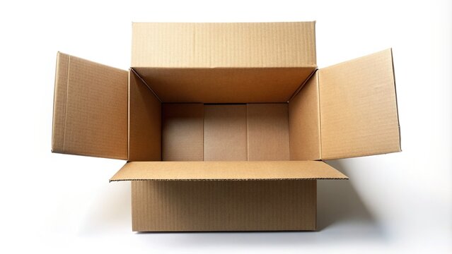 A brown cardboard box lies open, its flaps splayed outwards, revealing a empty interior, set against a stark white background with soft shadows.