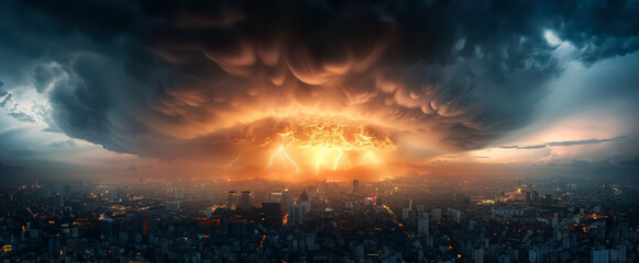 A city is shown with a large orange cloud in the sky by AI generated image
