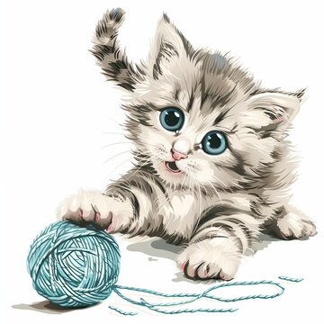 Playful kitten chasing a ball of yarn vector white background 280 cat, kitten, animal, pet, feline, domestic, isolated, kitty, white, fur, cute, young, mammal, baby, adorable, pets, eyes, gray, britis