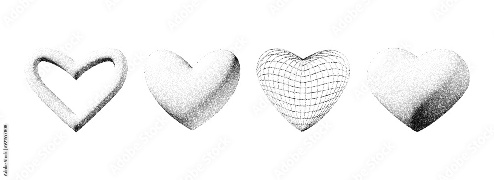 Aufkleber dotted 3d heart shape collection. black stippled fade gradient heart set. y2k dotwork grain grunge d
