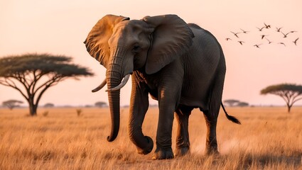 Obraz premium Elephant Walking at Sunset on African Savannah with Birds Flying in Background