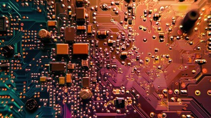 Obraz premium Abstract Macro Close-up of Circuit Board with Red and Blue Hues.