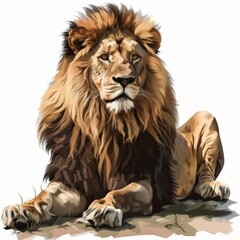 Fototapeta premium Regal lion surveying its territory vector white background 859 lion, animal, cat, mane, wild, wildlife, king, zoo, feline, carnivore, nature, mammal, predator, portrait, isolated, panthera leo, face, 