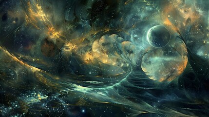 Fototapeta premium A mesmerizing cosmic scene filled with swirling galaxies, vibrant colors, and ethereal light. The image evokes a sense of wonder and exploration. 