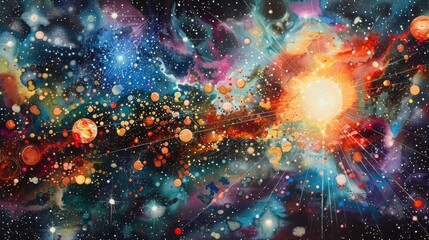 Obraz premium A vibrant cosmic scene filled with colorful planets and swirling galaxies, evoking a sense of wonder and exploration. The bright sun radiates energy amidst a backdrop of stars and nebulae.