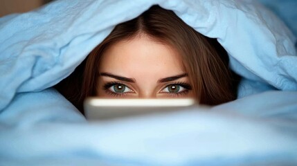 Fototapeta premium A woman is in bed at night, focused on her phone while wrapped in soft blue blankets