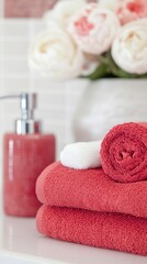 Bright red towels and a soap dispenser set against a backdrop of fresh flowers in a serene bathroom