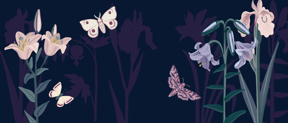 vector drawing flowers and butterflies by night at dark blue background, hand drawn botanical illustration