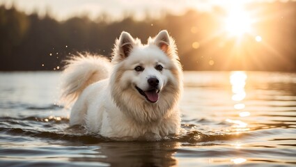Fluffy white dog swimming in a sunlit lake at golden hour
