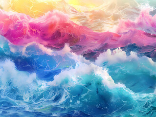 Fototapeta premium illustration. Abstract geometric dynamic. waves sea shapes white, blue, pink, and yellow colors. wallpaper
