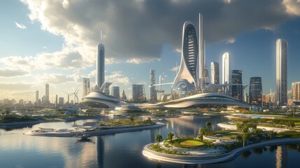 Obraz premium Futuristic Cityscape with Modern Architecture and Lush Greenery - A Vision of the Future.