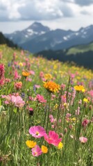 Obraz premium Colorful wildflowers create a stunning display against a backdrop of majestic mountains