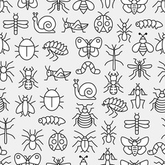 Bugs and insects creepy crawler seamless pattern icon set bundle simple modern minimalist line shape clean flat isolated collection background wallpaper backdrop
