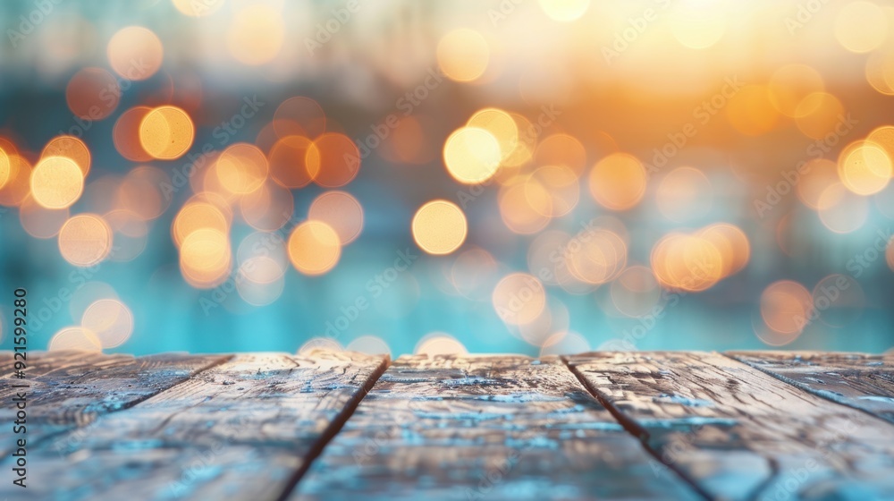 Poster the rustic wooden table sits invitingly against a backdrop of twinkling bokeh lights at dusk