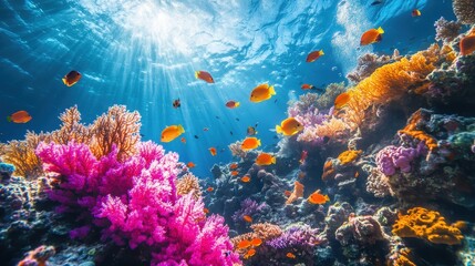 Obraz premium Vibrant Underwater Coral Reef with Colorful Fish and Sunbeams.