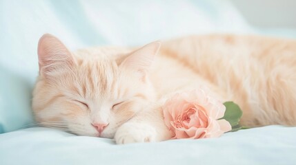 Obraz premium A fluffy cat rests on a light blue surface, gently nestled next to a beautiful pink rose