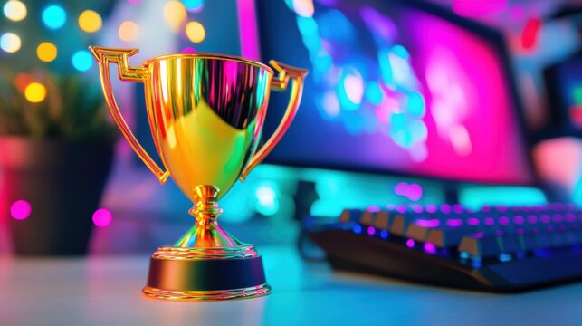 A dazzling gaming trophy sits on a desk next to a brightly lit computer, showcasing a gaming accomplishment