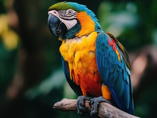 Obraz premium Close-up of a Vibrant Blue and Yellow Macaw Perched on a Branch