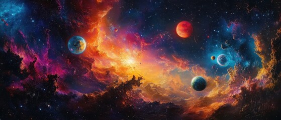 Cosmic Nebula with Planets and Stars - Beautiful Space Art.