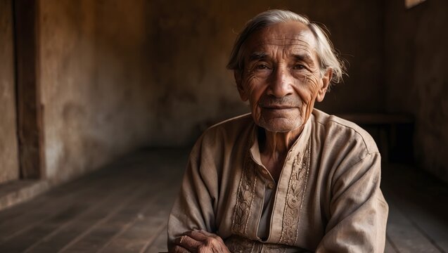 Elderly man in traditional attire sitting in rustic room with soft natural lighting - Powered by Adobe