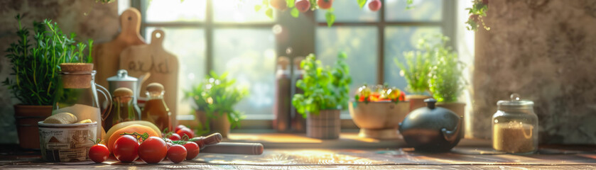 Miniature Kitchen Scene with Fresh Ingredients and Cooking Tools