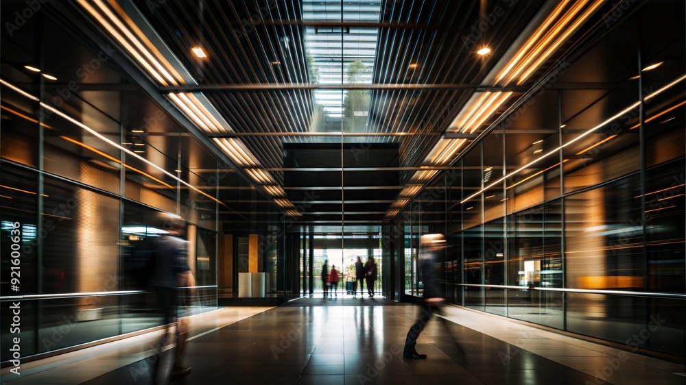 Wall mural long exposure white collar people crowd walking corporate office business center city indoor dark ba