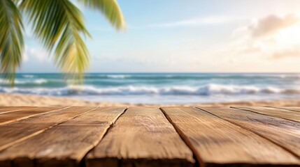 Fototapeta premium A wooden table provides a perfect view of the tranquil ocean and beach at sunset with palm trees nearby