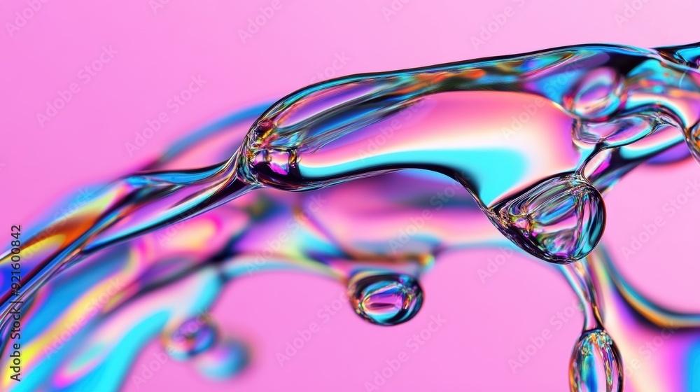 Poster a mesmerizing display of iridescent liquid cascades smoothly, reflecting vibrant colors on a soft pi