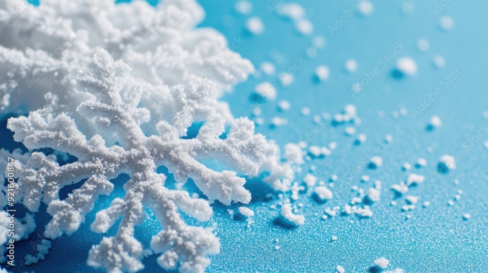 Poster intricate snowflakes lie gently on a soft blue background, creating a tranquil winter atmosphere