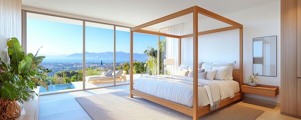 Master bedroom with a four-poster bed and panoramic views, designer luxury master bedroom suite, ultimate relaxation