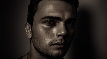 Generative AI, Deep contemplation and the raw emotion captured in the face of a man in grayscale