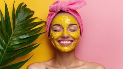 A woman enjoys a skincare routine, smiling with a yellow mask on her face in a colorful room