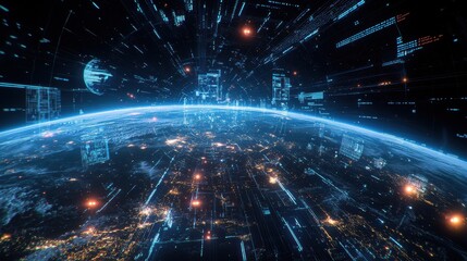 Futuristic Digital Network Over Earth Planet - Abstract Technology Background
