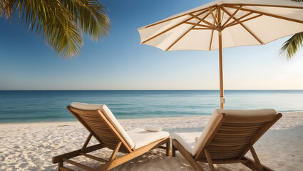 Chairs on the sandy beach near the sea. Summer holiday and vacation concept for tourism. Inspirational tropical landscape.