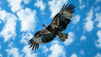 Obraz premium Majestic bird soaring through a blue sky with fluffy clouds, showcasing powerful wings in vivid detail.