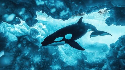 Majestic orca swimming gracefully beneath icy blue waters, showcasing the beauty of marine life in its natural habitat.