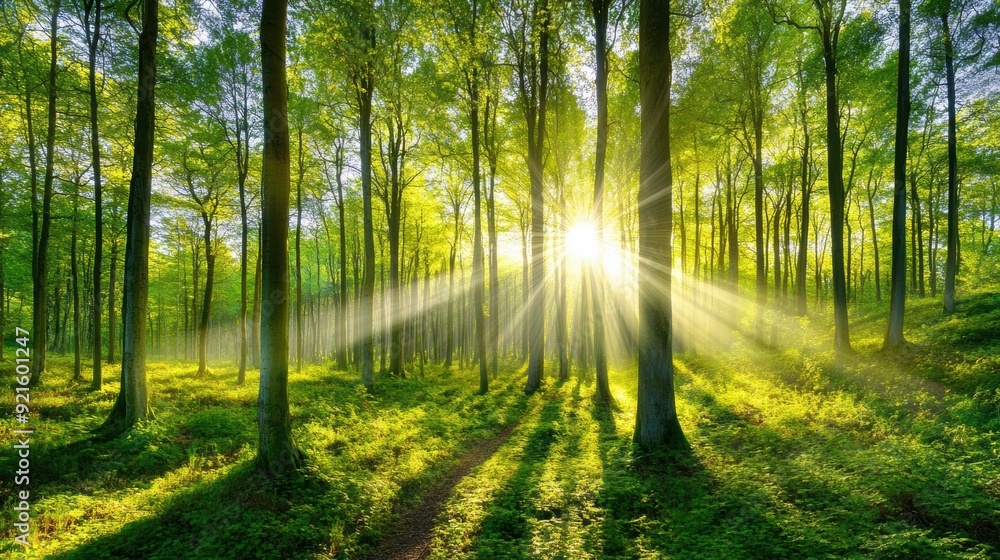 Aufkleber sunlight filters through lush green trees, creating a serene atmosphere in the forest during early m