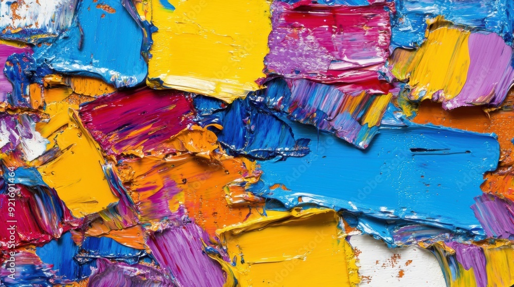 Poster an abstract work featuring thick layers of paint in bold colors, creating dynamic textures and visua
