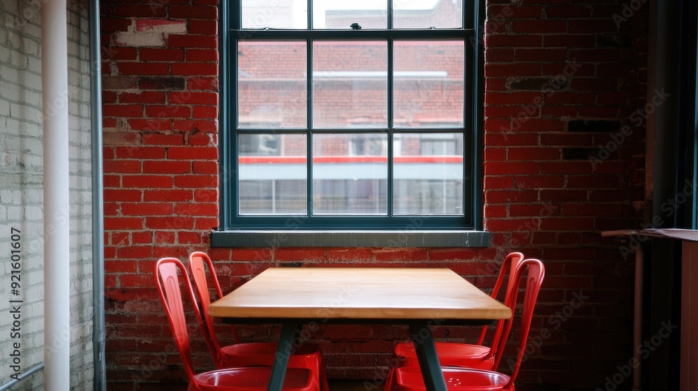 Poster a rustic table surrounded by bright red chairs rests near a large window in a cozy setting