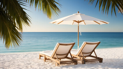 Obraz premium Chairs on the sandy beach near the sea. Summer holiday and vacation concept for tourism. Inspirational tropical landscape.
