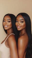 Two beautiful black women posing together for the camera