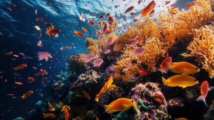 Vibrant Underwater Scene with Colorful Fish and Coral Reefs.