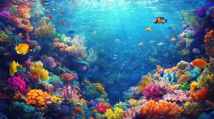 Vibrant Underwater Coral Reef with Colorful Fish and Sunbeams.