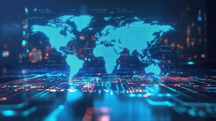 Digital World Map with Circuit Board and City Lights Background - Global Network and Technology Concept.