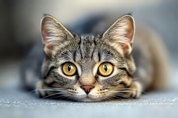 Fototapeta premium A close-up of a playful tabby cat, showcasing bright yellow eyes and a curious expression, perfect for animal lovers.