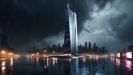 Futuristic skyscraper towering over rainy night cityscape with dramatic storm clouds