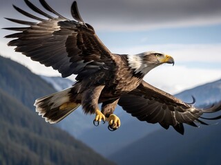 Fototapeta premium A white-headed eagle in flight over the mountains