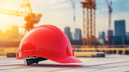 A vibrant red hard hat sits on wooden planks, overlooking a bustling construction site at sunset
