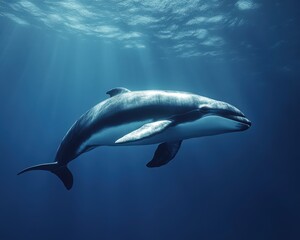Fototapeta premium A majestic dolphin swimming gracefully through the serene blue ocean waters, illuminated by soft sunlight beams.
