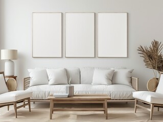 Living room light interior with set of empty clean canvas frames on interior wall for mockup. AI generated